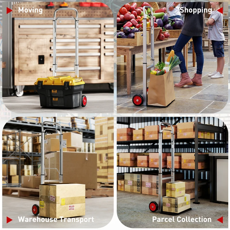 HOMCOM Carrello a Mano Pieghevole in Alluminio, Portata 90 kg con Ruote, Manico Telescopico Regolabile 40x41x108 cm Argento e Nero