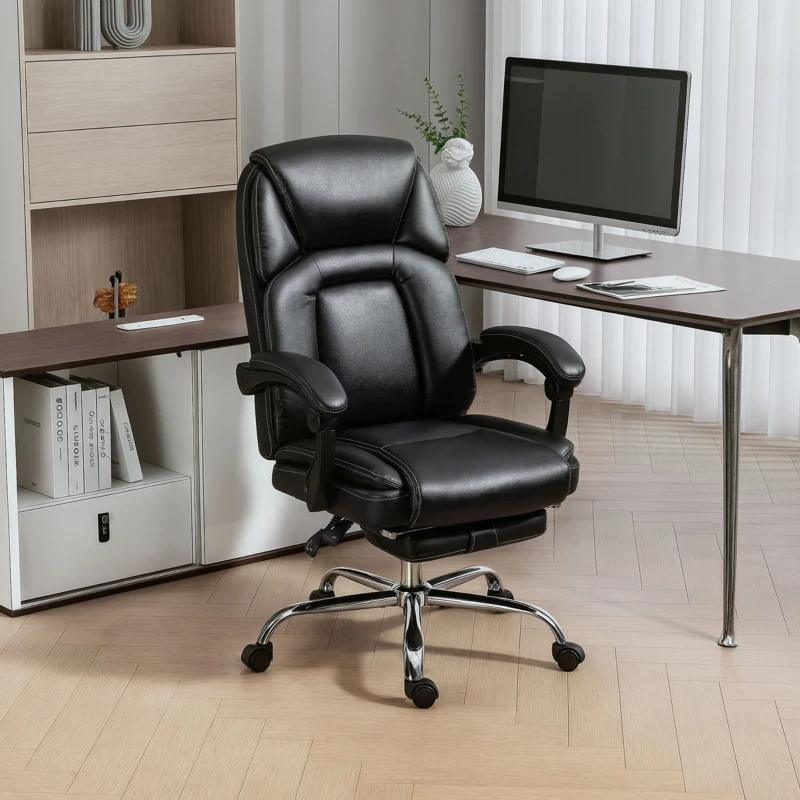 HOMCOM Reclinbarer Bürostuhl mit ausziehbarer Fußstütze aus PU-Leder, Kapazität 180 kg, Schwarz