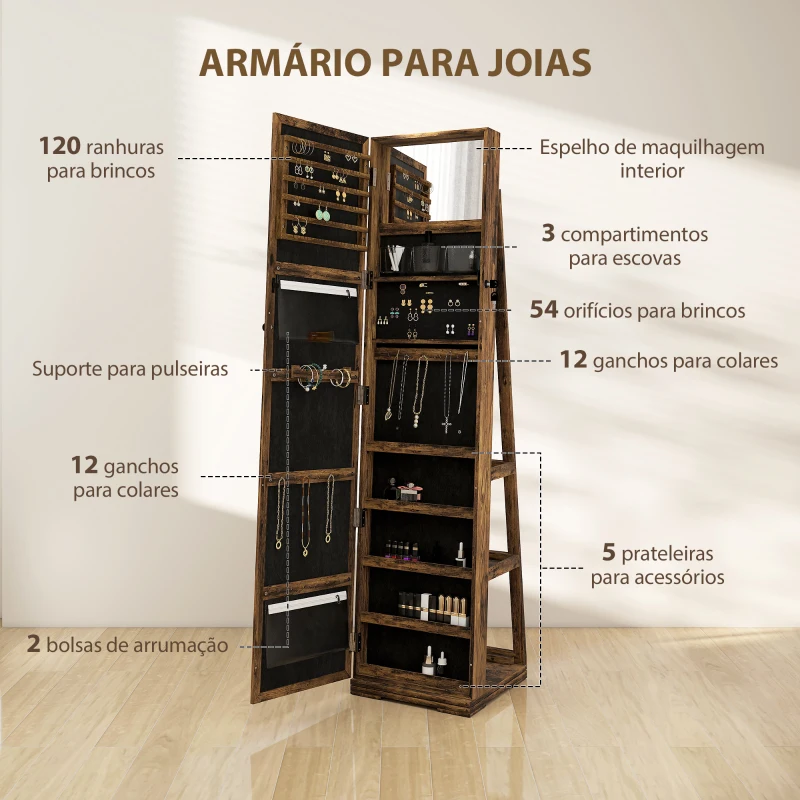 HOMCOM Joalheiro de Pé Armário para Jóias 360° com Fechadura e Espelho Incorporado Carga Máxima 20 kg 38x38x160 cm Marrom Rústico
