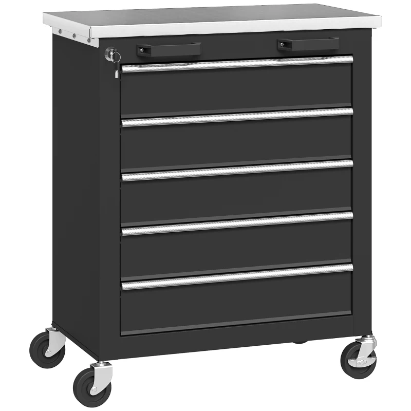 HOMCOM Armoire à outils avec 5 tiroirs, caisse à outils roulante, chariot d'outils en acier, Silberton+Schwarz