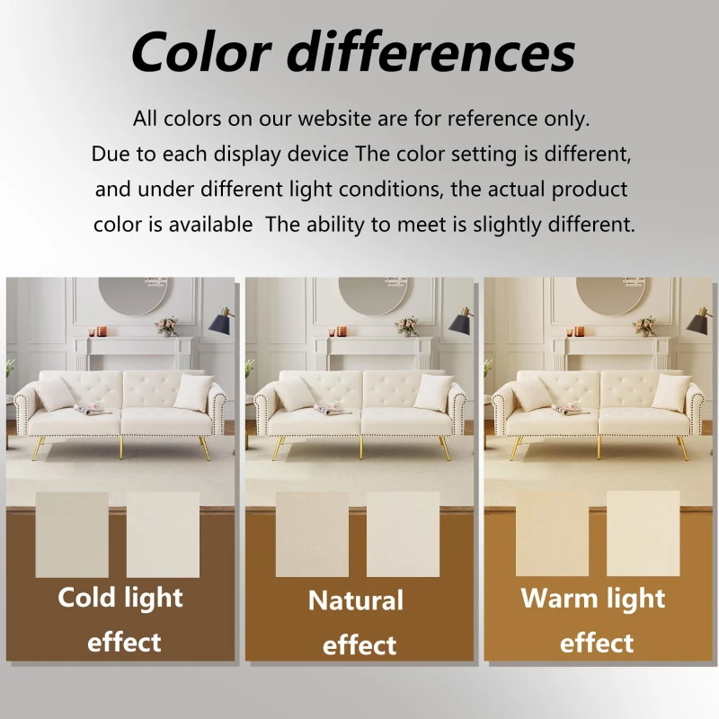 2-Seater Modern Sofa Bed with Independent Backrests, Gold-Plated Metal Feet, Velvet Couch for Living Room, 177L x 74W x 71H cm, White