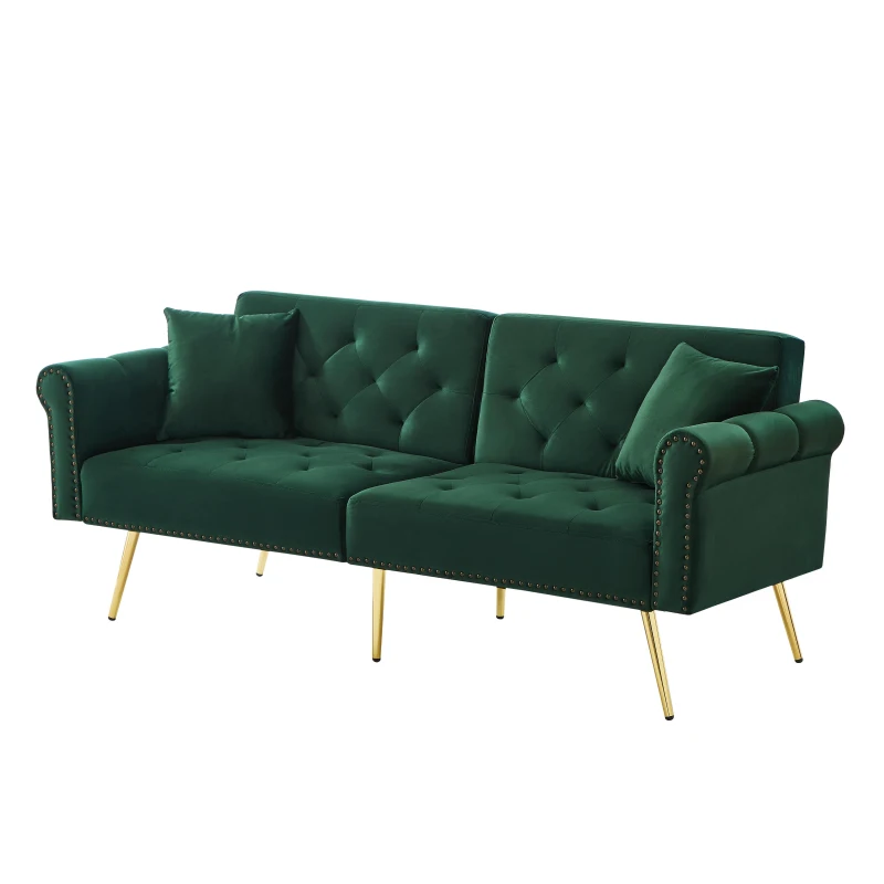 2-Seater Modern Sofa Bed with Velvet Upholstery and Adjustable Backrests, Daybed Perfect for Living Room, 177L x 74W x 71H cm, Green