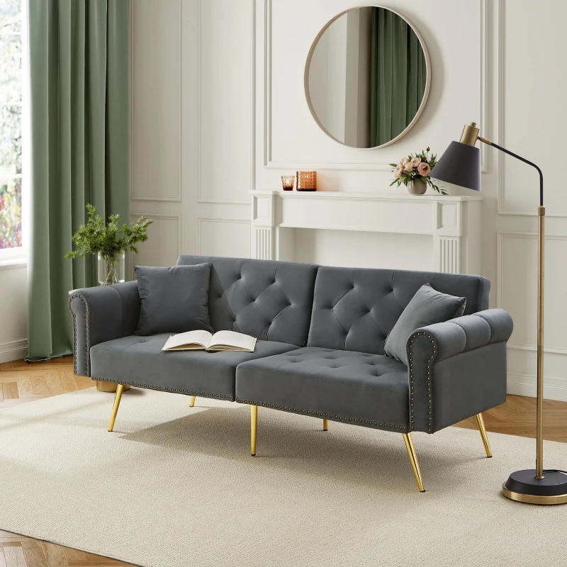 2-Seater Modern Sofa Bed with Velvet Upholstery and Adjustable Backrests, Daybed Perfect for Living Room, 177L x 74W x 71H cm, Gray
