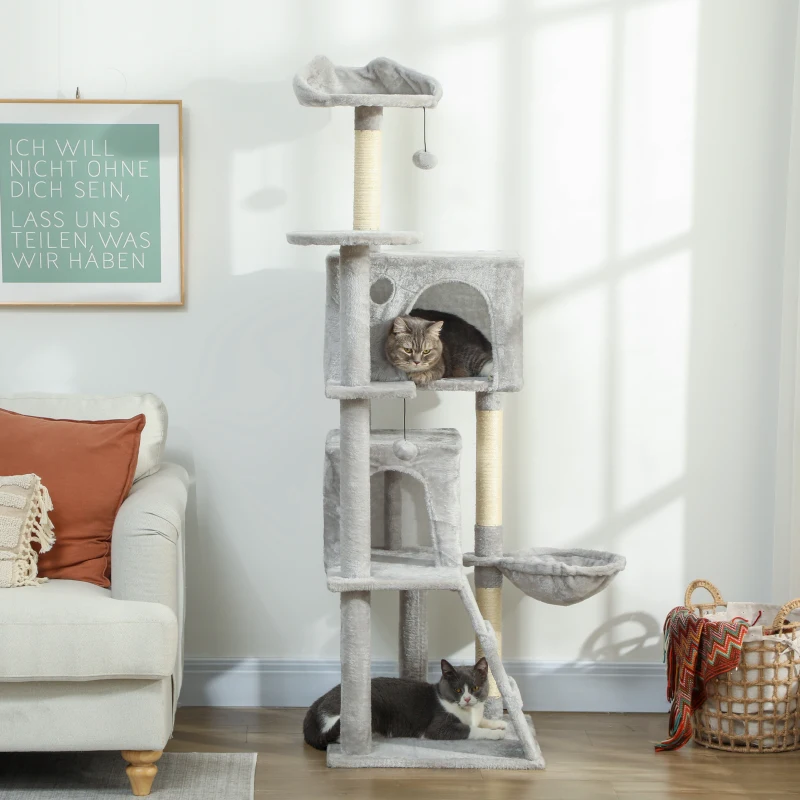 PawHut Arbre à chat 160 cm avec 2 niches, hamac, couchage et poteaux en sisal, Gris