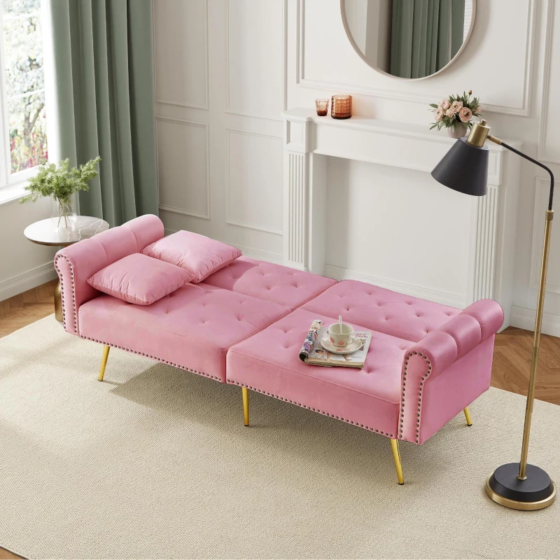 2-Seater Modern Sofa Bed with Velvet Upholstery and Adjustable Backrests, Daybed Perfect for Living Room, 177L x 74W x 71H cm, Pink