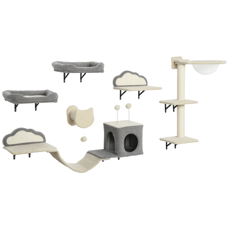 PawHut Set Mensole da parete per gatti da 6 pezzi, con amache, tiragraffi e lettini, Beige