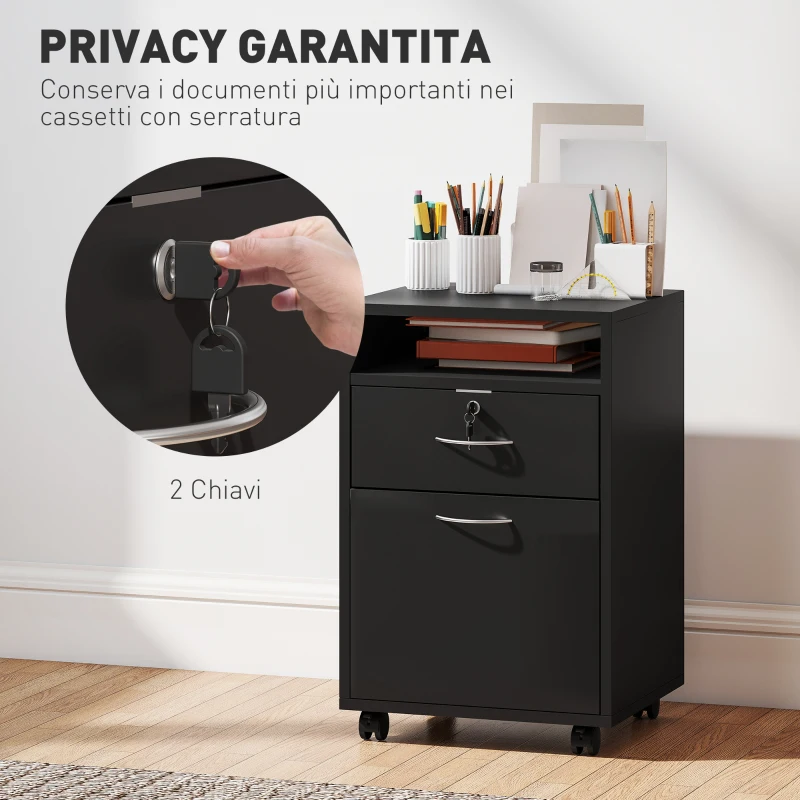 HOMCOM Mobiletto da Ufficio in Legno con Ripiano Aperto, Cassetto con Serratura e Armadietto, 40x35x60 cm, Nero