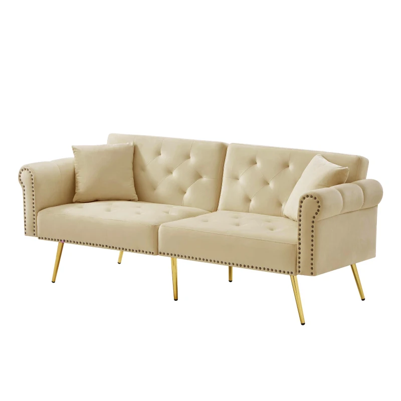 2-Seater Modern Sofa Bed with Velvet Upholstery and Adjustable Backrests, Daybed Perfect for Living Room, 177L x 74W x 71H cm, Beige