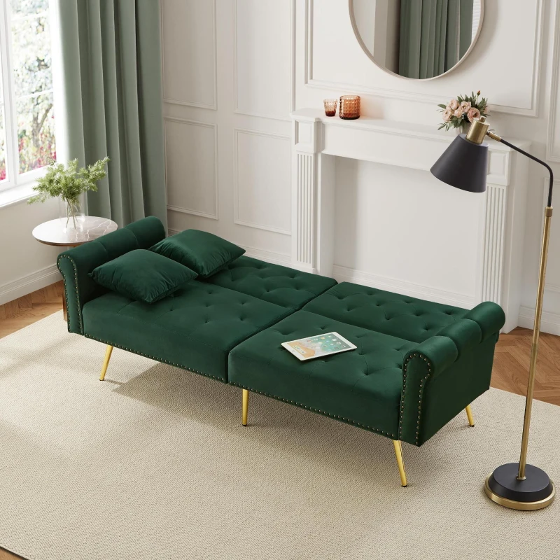 2-Seater Modern Sofa Bed with Velvet Upholstery and Adjustable Backrests, Daybed Perfect for Living Room, 177L x 74W x 71H cm, Green