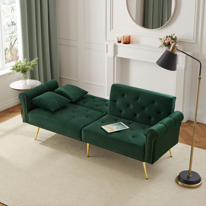 2-Seater Modern Sofa Bed with Velvet Upholstery and Adjustable Backrests, Daybed Perfect for Living Room, 177L x 74W x 71H cm, Green