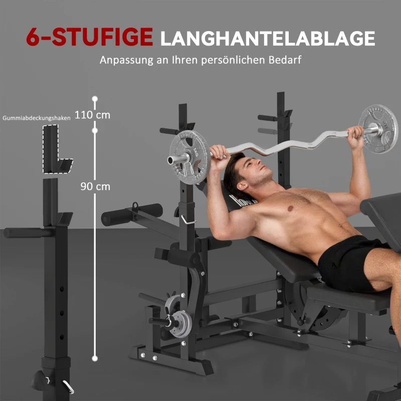 HOMCOM Multifunktion Hantelbank Trainingsbank mit Langhantel-Ablage verstellbar Schrägbank Kraftstation Fitnessstation Stahl Kunstleder 210 x 110 x 103-123 cm