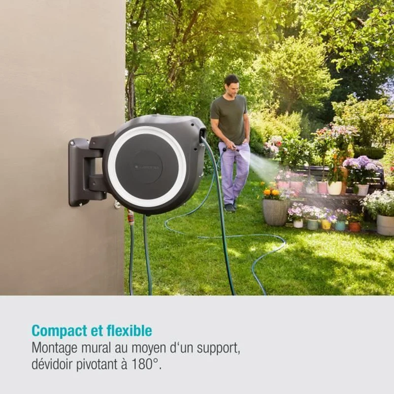 GARDENA Dévidoir automatique mural RollUp M/L liseret blanc – Longueur 25m – Ø13mm – Kit complet – Garantie 5 ans (18622-20)