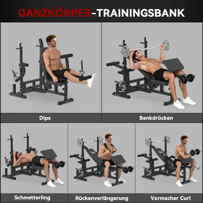 HOMCOM Multifunktion Hantelbank Trainingsbank mit Langhantel-Ablage verstellbar Schrägbank Kraftstation Fitnessstation Stahl Kunstleder 210 x 110 x 103-123 cm