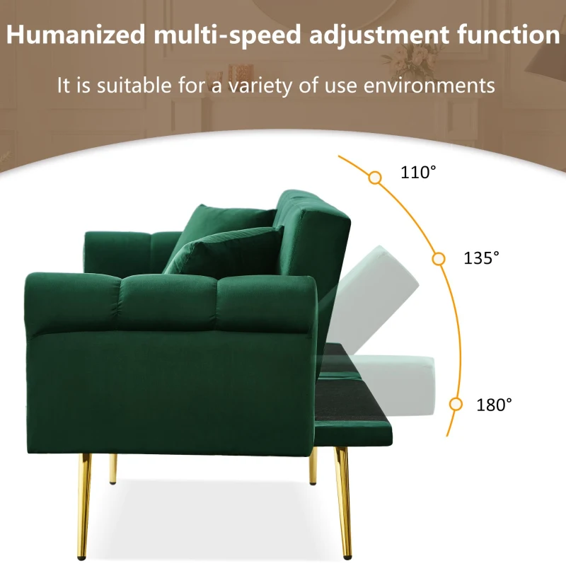 2-Seater Modern Sofa Bed with Velvet Upholstery and Adjustable Backrests, Daybed Perfect for Living Room, 177L x 74W x 71H cm, Green