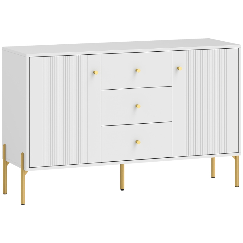 HOMCOM Aparador Moderno com 3 Gavetas Prateleiras Ajustáveis Bancada com Efeito Mármore Pés em Aço 120x39,1x76 cm Branco