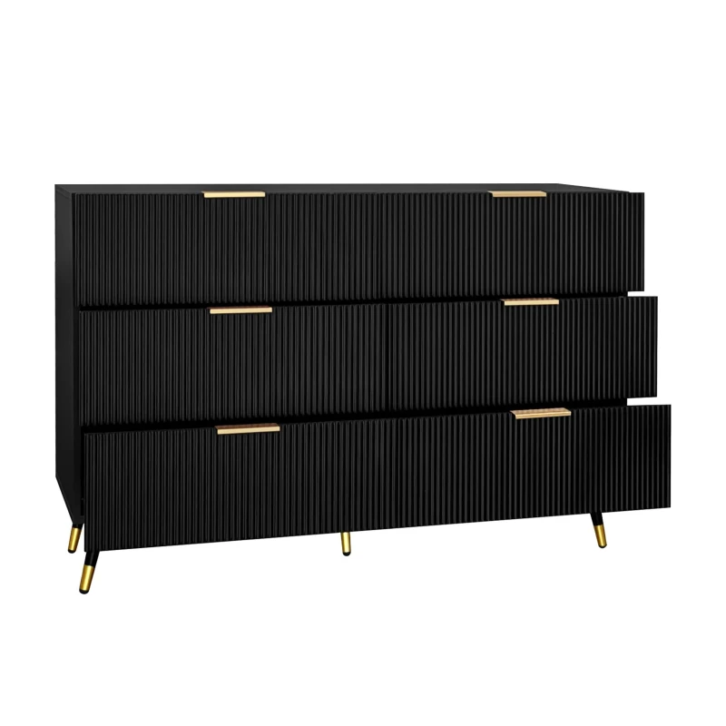 Elegant Sideboard with 6 Drawers, Gold Handles, Wave-Like Texture, Chest of Drawers for Living Room, 120L x 40W x 77H cm, Black+Gold