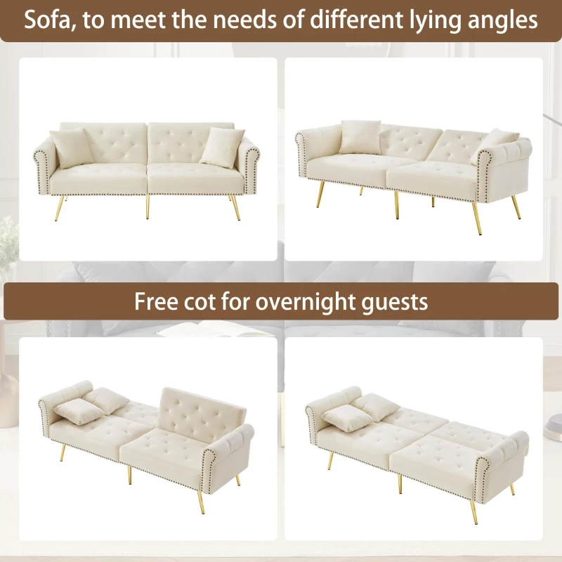 2-Seater Modern Sofa Bed with Independent Backrests, Gold-Plated Metal Feet, Velvet Couch for Living Room, 177L x 74W x 71H cm, White