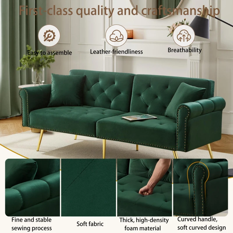 2-Seater Modern Sofa Bed with Velvet Upholstery and Adjustable Backrests, Daybed Perfect for Living Room, 177L x 74W x 71H cm, Green