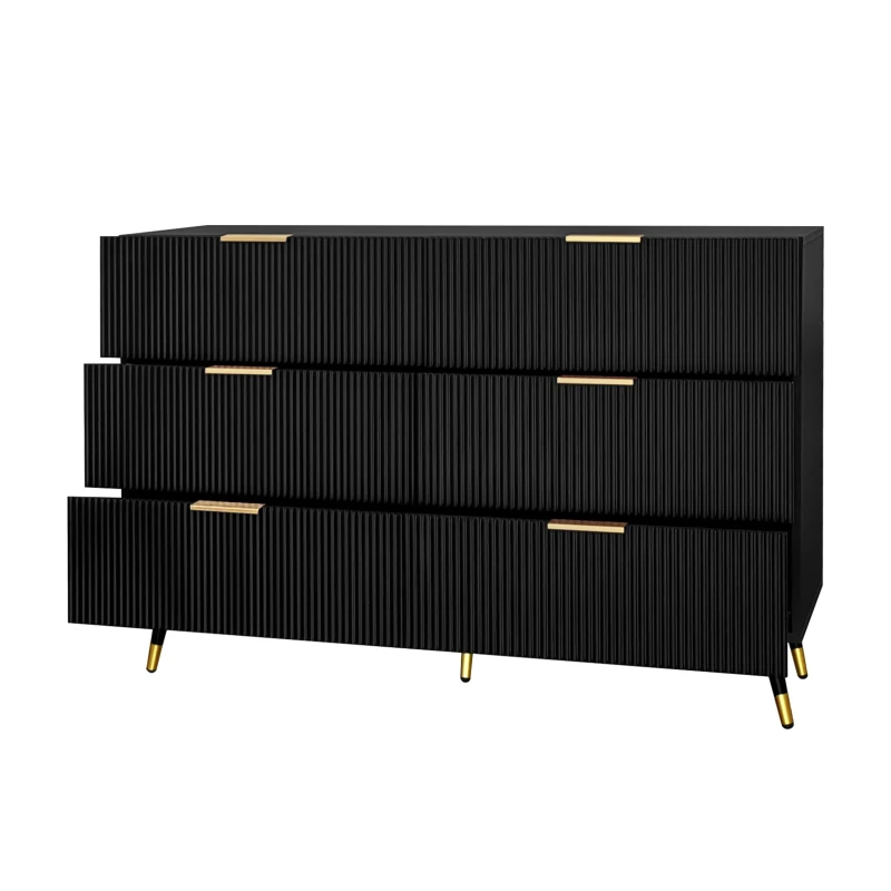 Elegant Sideboard with 6 Drawers, Gold Handles, Wave-Like Texture, Chest of Drawers for Living Room, 120L x 40W x 77H cm, Black+Gold