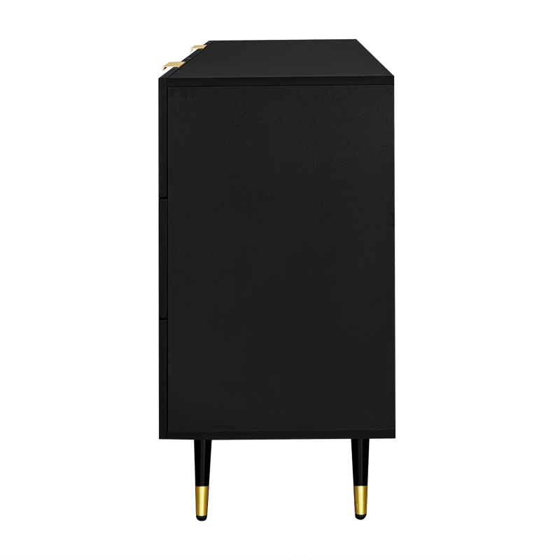 Elegant Sideboard with 6 Drawers, Gold Handles, Wave-Like Texture, Chest of Drawers for Living Room, 120L x 40W x 77H cm, Black+Gold