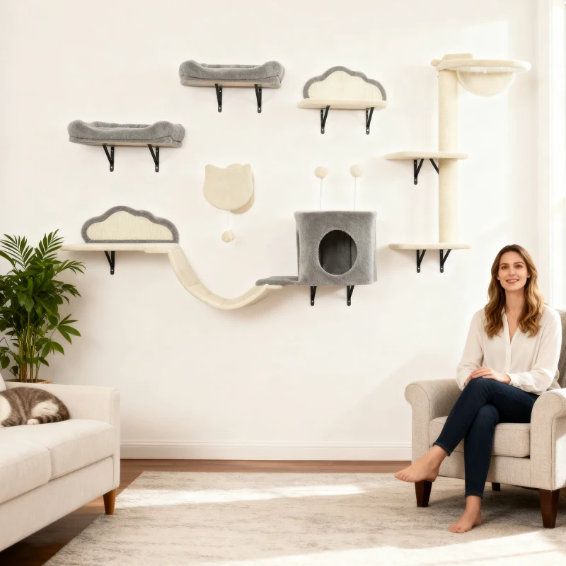 PawHut Set Mensole da parete per gatti da 6 pezzi, con amache, tiragraffi e lettini, Beige