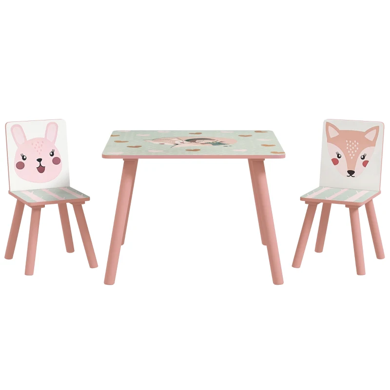 ZONEKIZ Set Tavolo e Sedie 3 Pezzi per Bambini 3-8 Anni in MDF e Legno di Pino con Disegni di Animali, Rosa