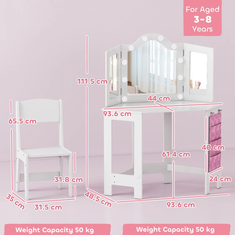 AIYAPLAY Kids Dressing Table and Stool Set, Girls Vanity Table with 2-Color LED Lights, Tri-Folding Mirror, White