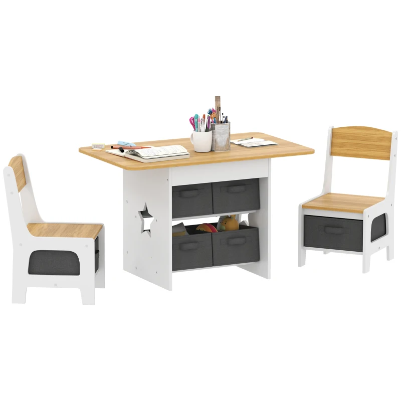 AIYAPLAY Children's Table with 2 Chairs with 6 Fabric Drawers, Star Design for Boys and Girls 3-8 Years, Natural