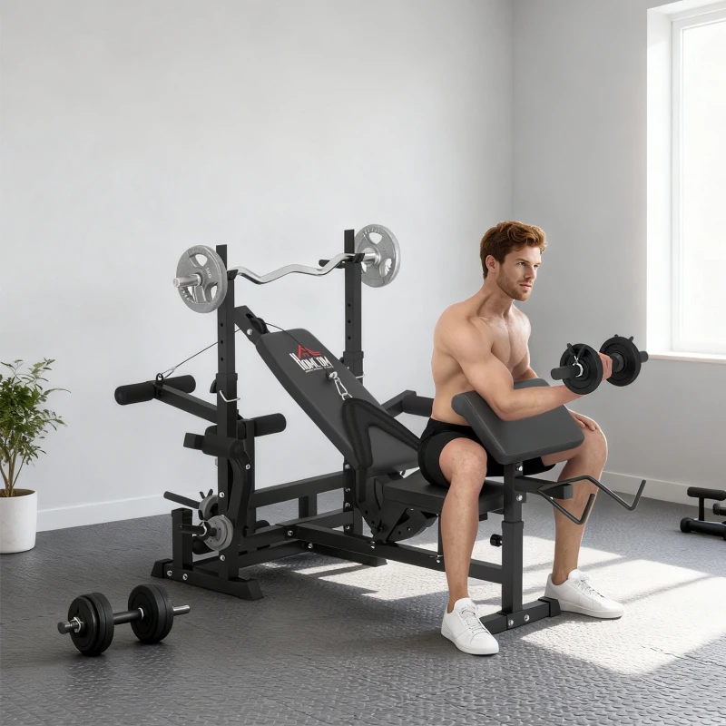 HOMCOM Banc de musculation multifonction réglable - pupitre à biceps, repose barre curl, poignées à Dips, module extension bras jambes, résistance horizontale - acier noir