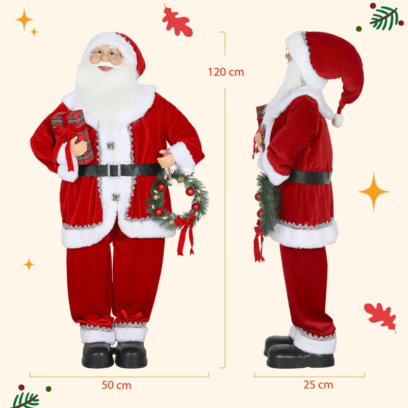 HOMCOM Weihnachtsmann, Weihnachts-Dekoration, 120 cm, biegsame Arme, mit Geschenk & Weihnachtskranz, Geräuschaktivierung, Rot(m-3)