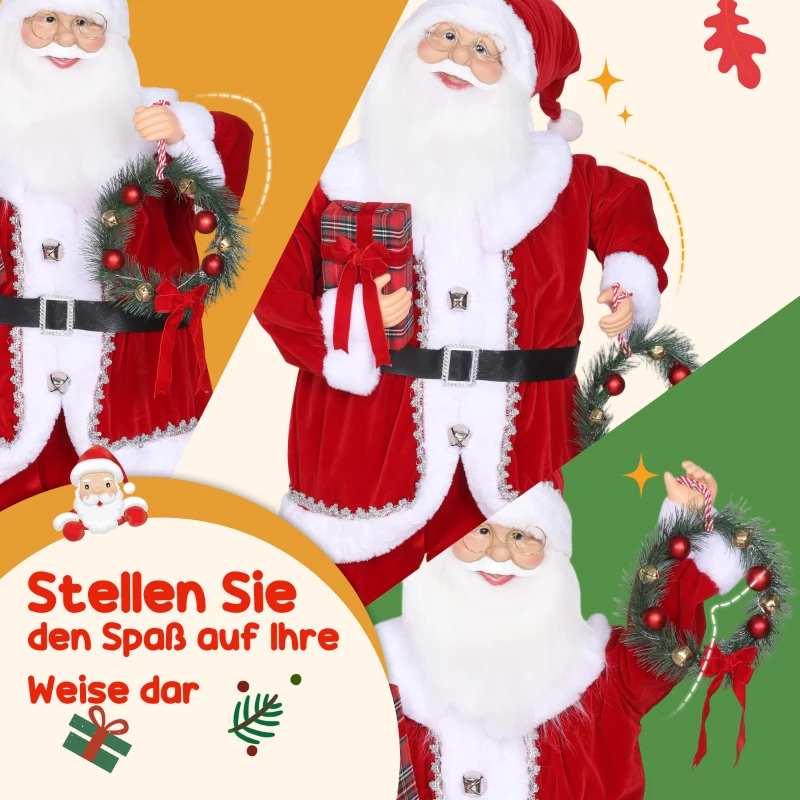 HOMCOM Weihnachtsmann, Weihnachts-Dekoration, 120 cm, biegsame Arme, mit Geschenk & Weihnachtskranz, Geräuschaktivierung, Rot(m-6)