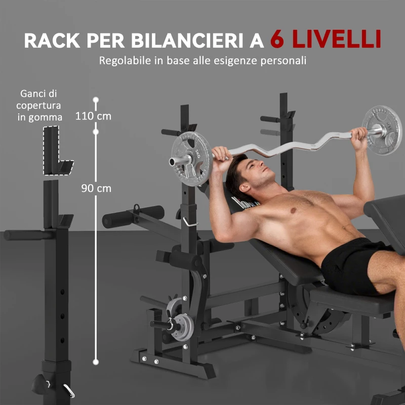 HOMCOM Panca da Palestra Regolabile con Supporto per Bilanciere, in Acciaio e PU, 210x110x103-123 cm, Nero