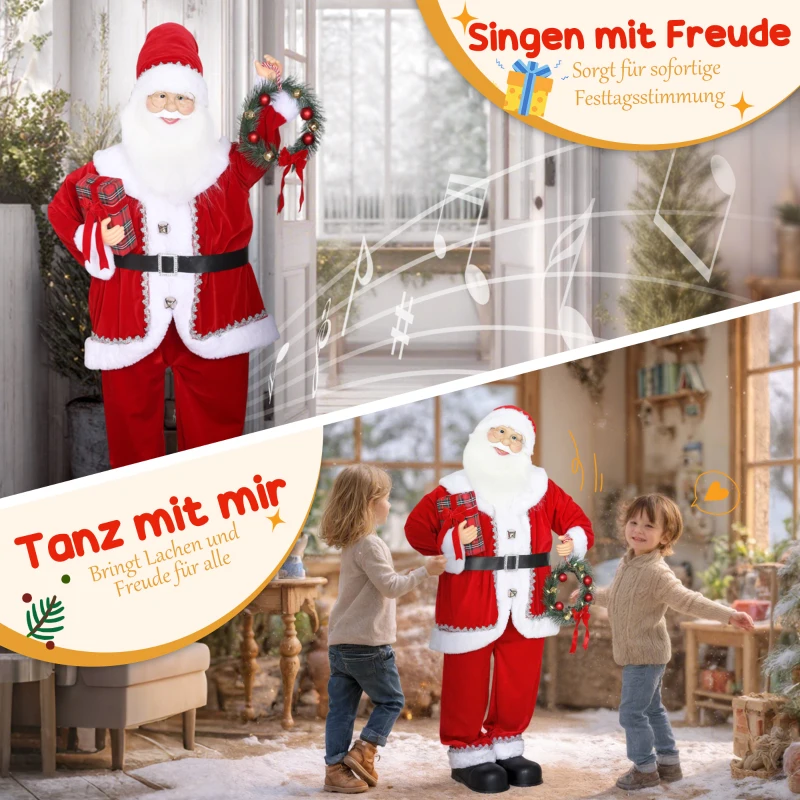 HOMCOM Weihnachtsmann, Weihnachts-Dekoration, 120 cm, biegsame Arme, mit Geschenk & Weihnachtskranz, Geräuschaktivierung, Rot(m-4)