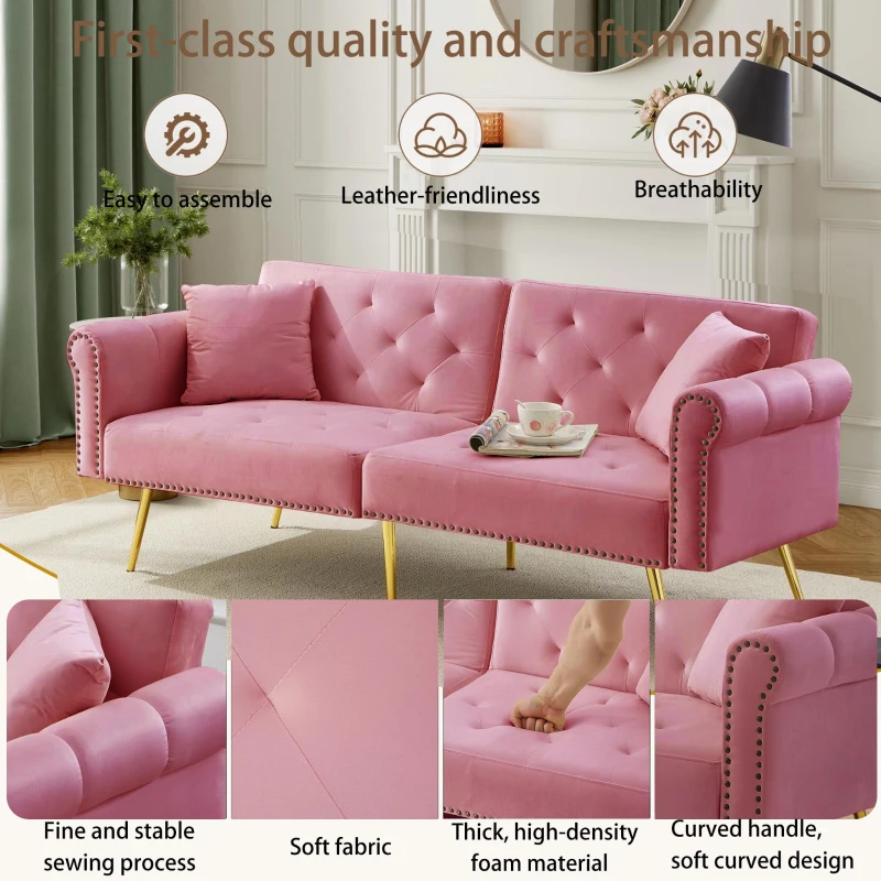 2-Seater Modern Sofa Bed with Velvet Upholstery and Adjustable Backrests, Daybed Perfect for Living Room, 177L x 74W x 71H cm, Pink