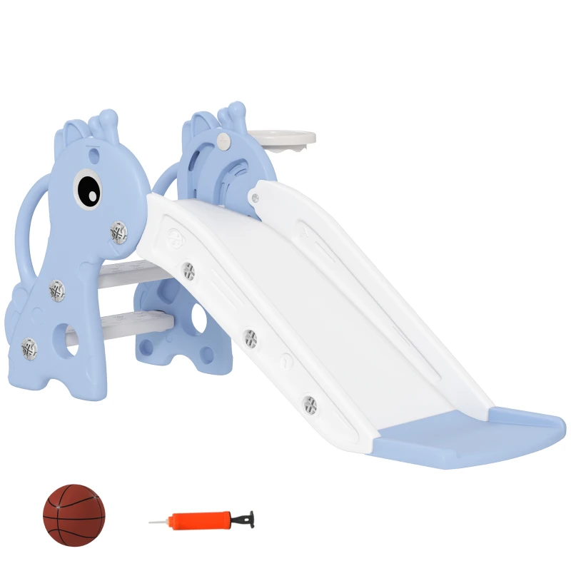 AIYAPLAY Toboggan pour enfants 3 en 1 en forme de girafe avec panier de basket, escalade et ballon, 106 x 51,5 x 52 cm, bleu