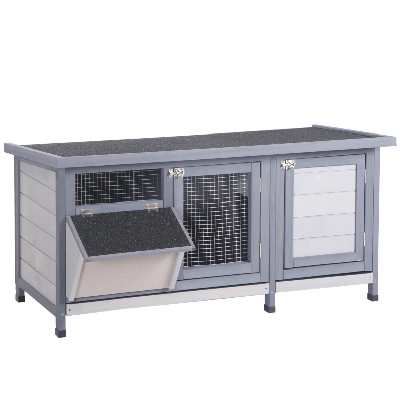 PawHut Coelheira de Madeira Gaiola para Coelhos com Telhado Asfáltico Rebatível Portas com Fecho Bandejas Removíveis 112x50x54 cm Cinzento
