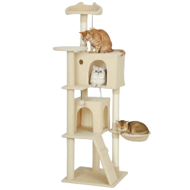 PawHut Arbre à griffer 160 cm Tour pour chat avec hamac, échelle, niche, 2 balles en peluche, troncs en sisal, 48 x 48 x 160 cm, Beige