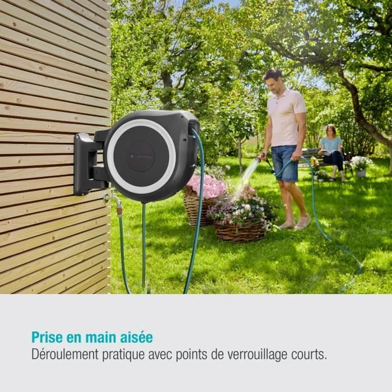 GARDENA Dévidoir automatique mural RollUp M/L liseret blanc – Longueur 25m – Ø13mm – Kit complet – Garantie 5 ans (18622-20)