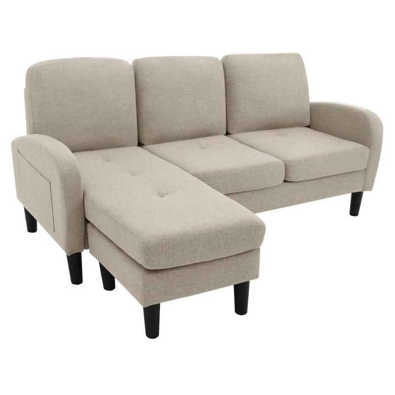 3-Seater L-shaped Corner Sofa with Reversible Chaise Lounge, Extra Cushion, Compact Couch for Apartment, 116L x 118W x 82H cm, Beige+Grey