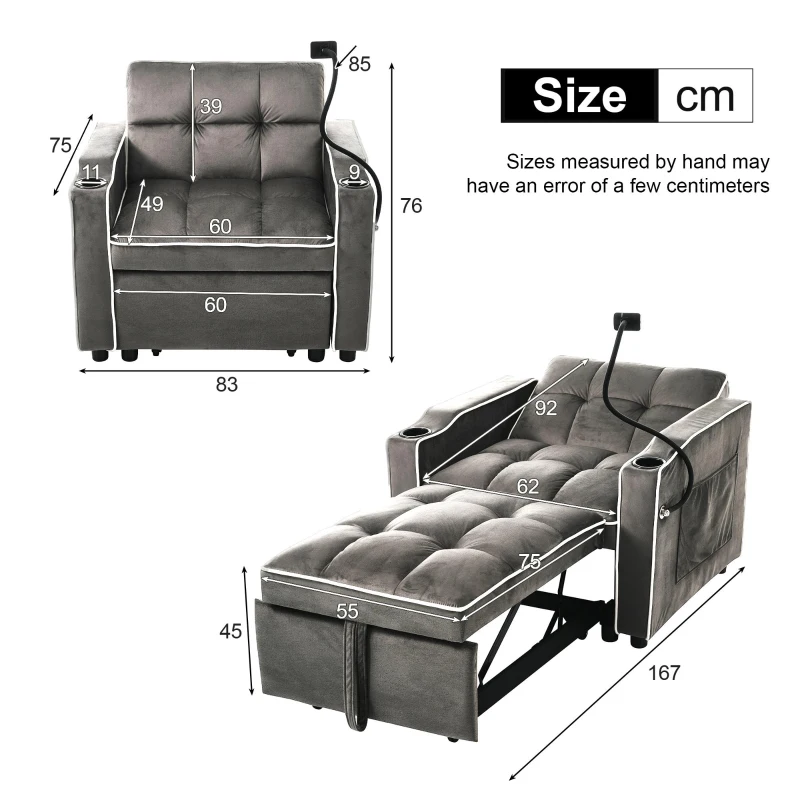 3-in-1 Expandable Single Sofa Bed with 2 Drink Holders and Phone Holder, Recliner and Sleeper Chair for Apartment, 83L x 167W x 76H cm, Dark Gray