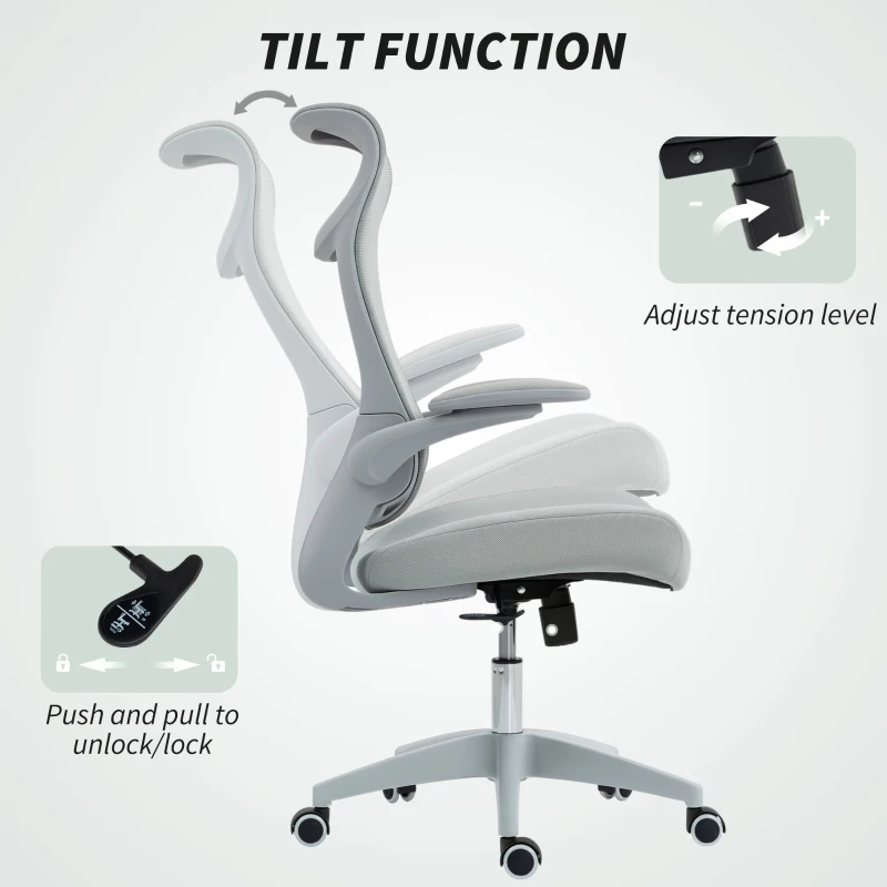 HOMCOM Ergonomischer drehbarer Mesh‑Bürostuhl mit Lendenstütze, klappbaren Armlehnen, Kopfstütze, Wippfunktion, grau