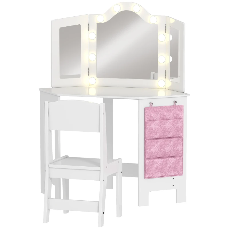 AIYAPLAY Kids Dressing Table and Stool Set, Girls Vanity Table with 2-Color LED Lights, Tri-Folding Mirror, White