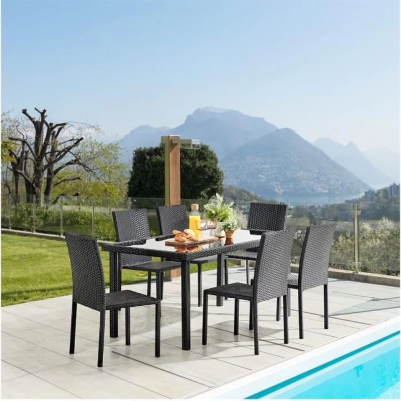 Ensemble repas de jardin - plateau en verre trempé et 6 chaises en résine tressée noir - Table 160x80x73 cm - Chaise : 44x54x88 cm
