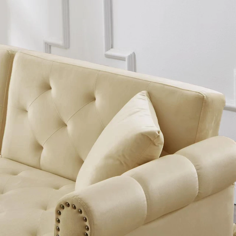 2-Seater Modern Sofa Bed with Velvet Upholstery and Adjustable Backrests, Daybed Perfect for Living Room, 177L x 74W x 71H cm, Beige
