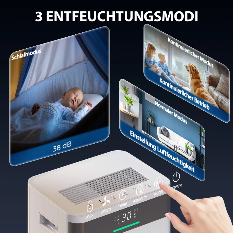 HOMCOM Osuszacz powietrza, zbiornik 4,5 litra, 24-godzinny timer, wyświetlacz LED, tworzywo sztuczne, biały