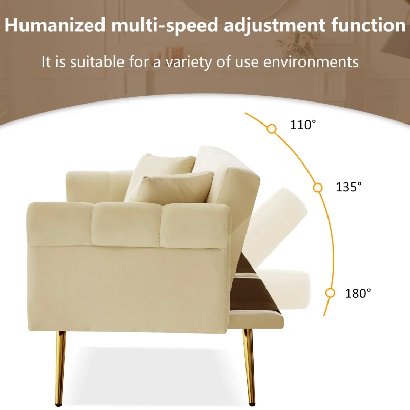2-Seater Modern Sofa Bed with Velvet Upholstery and Adjustable Backrests, Daybed Perfect for Living Room, 177L x 74W x 71H cm, Beige