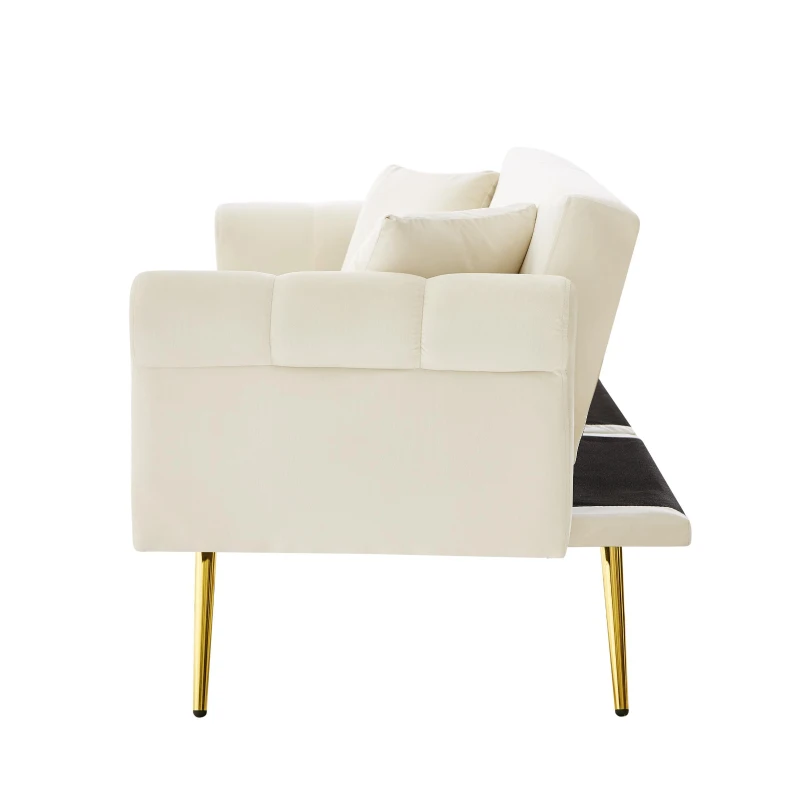 2-Seater Modern Sofa Bed with Independent Backrests, Gold-Plated Metal Feet, Velvet Couch for Living Room, 177L x 74W x 71H cm, White