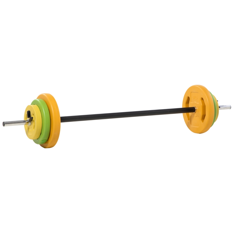 HOMCOM Set Bilanciere e Dischi da 20 kg totali Antiscivolo con 6 Pesi e 2 Clip di Fissaggio, Ø28x130 cm, Multicolore