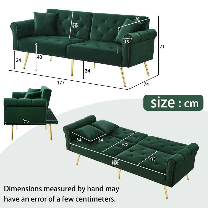 2-Seater Modern Sofa Bed with Velvet Upholstery and Adjustable Backrests, Daybed Perfect for Living Room, 177L x 74W x 71H cm, Green