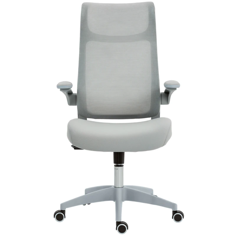 HOMCOM Ergonomischer drehbarer Mesh‑Bürostuhl mit Lendenstütze, klappbaren Armlehnen, Kopfstütze, Wippfunktion, grau